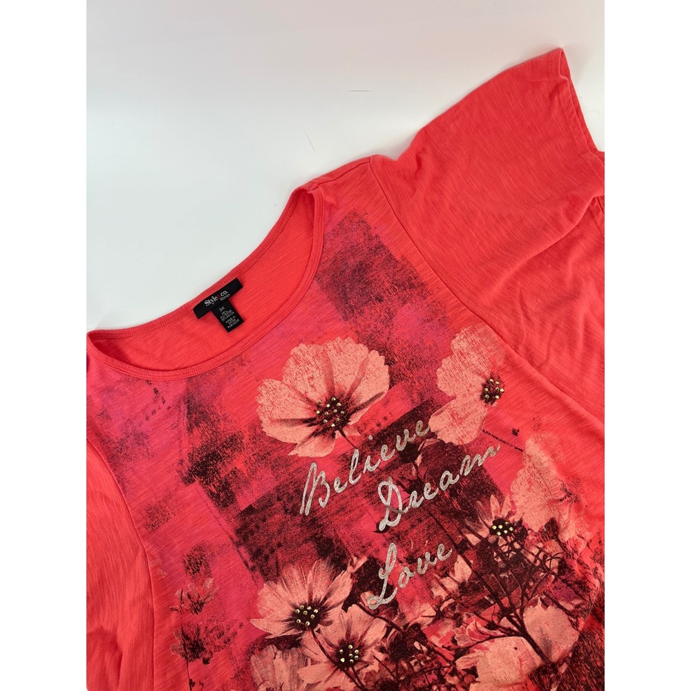 Style & Co Woman Plus Size 3X Coral Pink Floral Graphic Cinched Side Top Tee - Picture 1 of 10